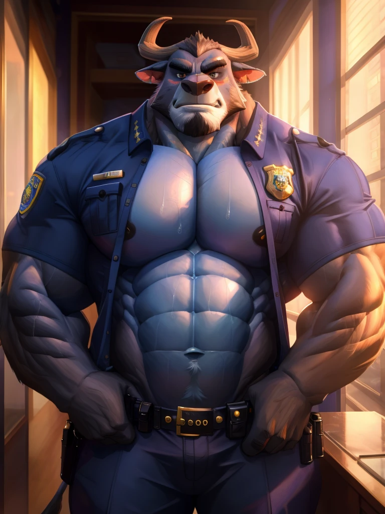 male focus, score_9, score_8, score_7, score_6,  bara, big muscles, correct anatomy, detailed eyes, simple backed, source_furry, gay, anthro, bogo, beefy bodybuilder, massive musclular, musk clouds, sweaty body, musky, highres, huge pecs, bara tiddies, (police, uniform, wearing police uniform, open shirt), city, standing