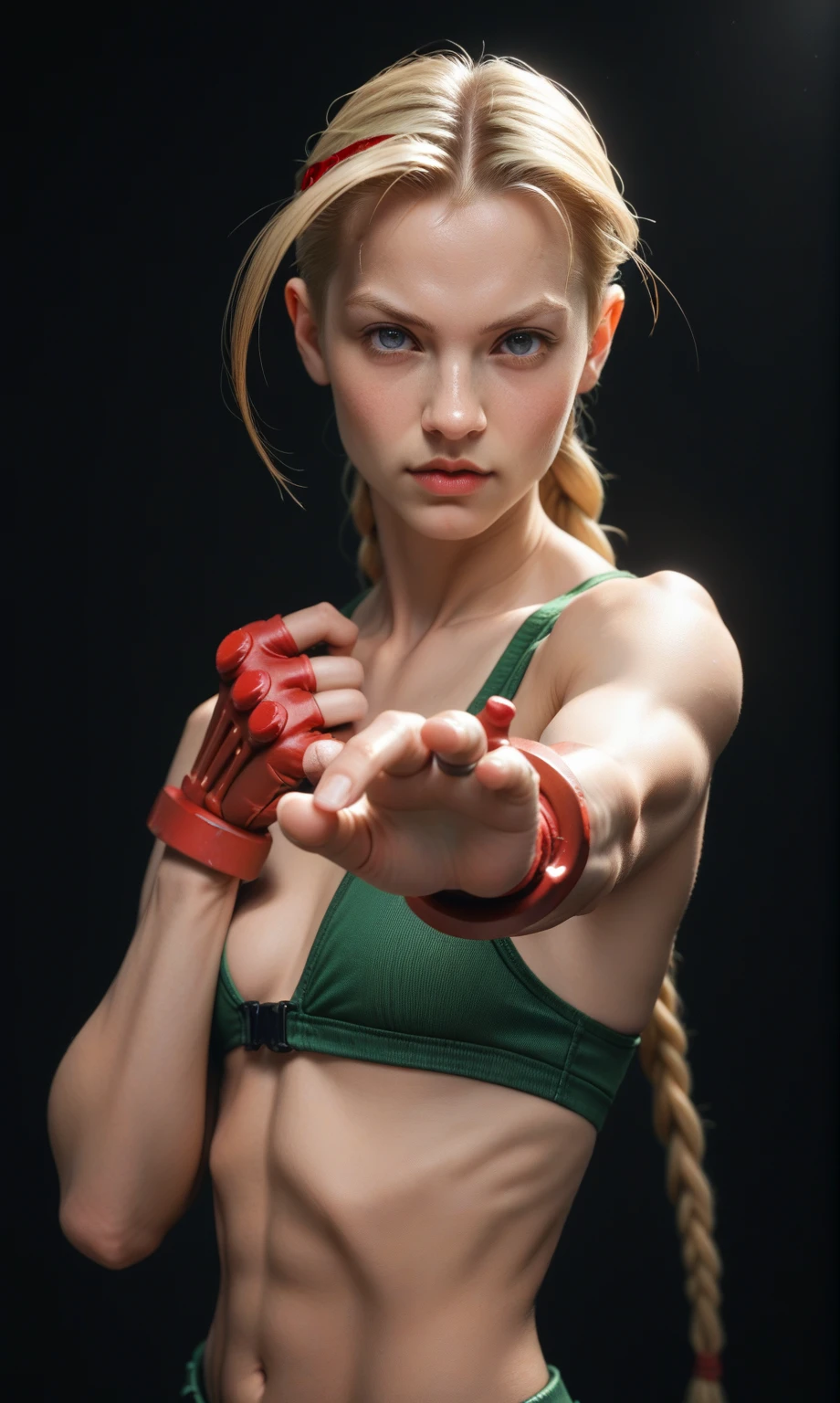 score_9, score_8_up, score_7_up, score_6_up, photorealistic, street fighter, Cammy White, in the ring, dynamic pose, black background, neon lighting, looking at viewer, depth of field,