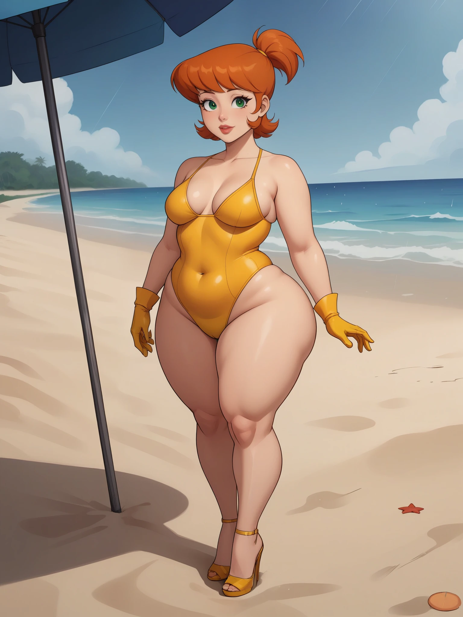 Dexter's mom. short hairstyle. ginger. green eyes. small saggy breasts. huge hips. bbw. yellow gloves. swimsuit. heels. beach. rain