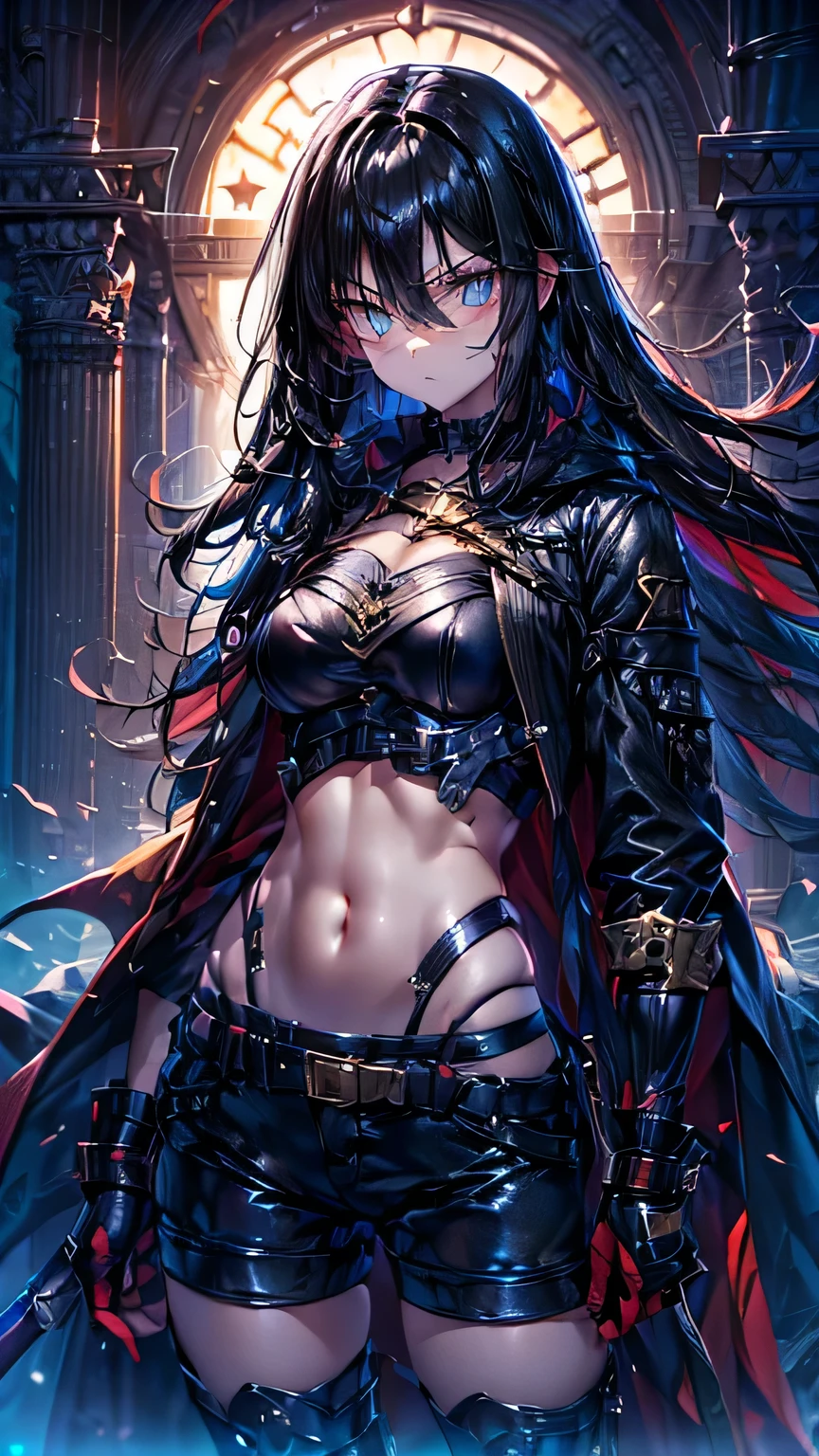 unparalleled masterpiece, ultra 8k CG, ultra high res, perfect artwork, clean, beautiful face, pure face, detail hair, finely detailed beautiful eyes and face, beautiful detailed eyes, hyper extreme detailed, best quality, perfect illustration, an extremely delicate and beautiful, extremely detailed, CG , 8k wallpaper, Amazing, finely detail, official art, extremely detailed CG 8k wallpaper, incredibly absurdres, huge filesize, ultra-detailed, extremely detailed, beautiful detailed girl, extremely detailed eyes and face, 1girl, solo, <lora:velvetCrowe_velvetCroweV3:0.65>, <lora:velvetCrowe_velvetV4:0.65>, velvet crowe, ((low tied hair, black hair, long hair)), ((bandages, bandaged arm, bandaged left arm)), ((mature female, milf)), large breasts, (yellow eyes:1.2), red shirt, midriff, navel, torn clothes, black shorts, (single braid:1.4), over the shoulder braid, ((single gauntlet, bridal gauntlet on right arm)), navel, bare shoulders, black choker, abs, ((torn legwear, black thighhighs)), looking at viewer,