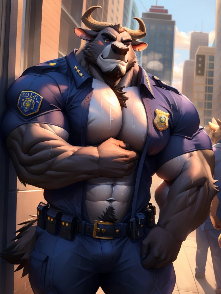 male focus, score_9, score_8, score_7, score_6,  bara, big muscles, correct anatomy, detailed eyes, simple backed, source_furry, gay, anthro, bogo, beefy bodybuilder, massive musclular, musk clouds, sweaty body, musky, highres, huge pecs, bara tiddies, (police, uniform, wearing police uniform, open shirt), city, standing