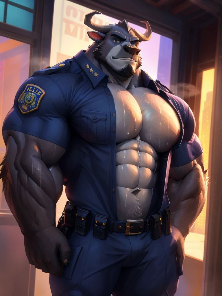 male focus, score_9, score_8, score_7, score_6,  bara, big muscles, correct anatomy, detailed eyes, simple backed, source_furry, gay, anthro, bogo, beefy bodybuilder, massive musclular, musk clouds, sweaty body, musky, highres, huge pecs, bara tiddies, (police, uniform, wearing police uniform, open shirt), city, standing