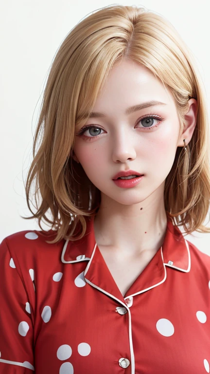 (highest quality、8k、32k、masterpiece)、(Realistic)、(Realistic:1.2)、(High resolution)、Very detailed、Very beautiful face and eyes、1 girl、Round and small face、Tight waist、Delicate body、(close、highest quality、Attention to detail、Rich skin detail)、(highest quality、8k、Oil paint:1.2)、(Realistic、Realistic:1.37)、Bright colors、(((blonde)))、(((Bust Shot)))、(((Medium Hair)))、(((Loose and fluffy perm)))、(((Pure white wall background)))、(((Pure white wall background)))、(((Red pajamas、Short sleeve)))、(((Sleepy look)))、(((Hide your mouth with your left hand)))、(((Yawning)))、(((Blonde)))、(((Polka dot pajamas)))、(((Red pajamas)))、(((Clothes with red polka dots)))