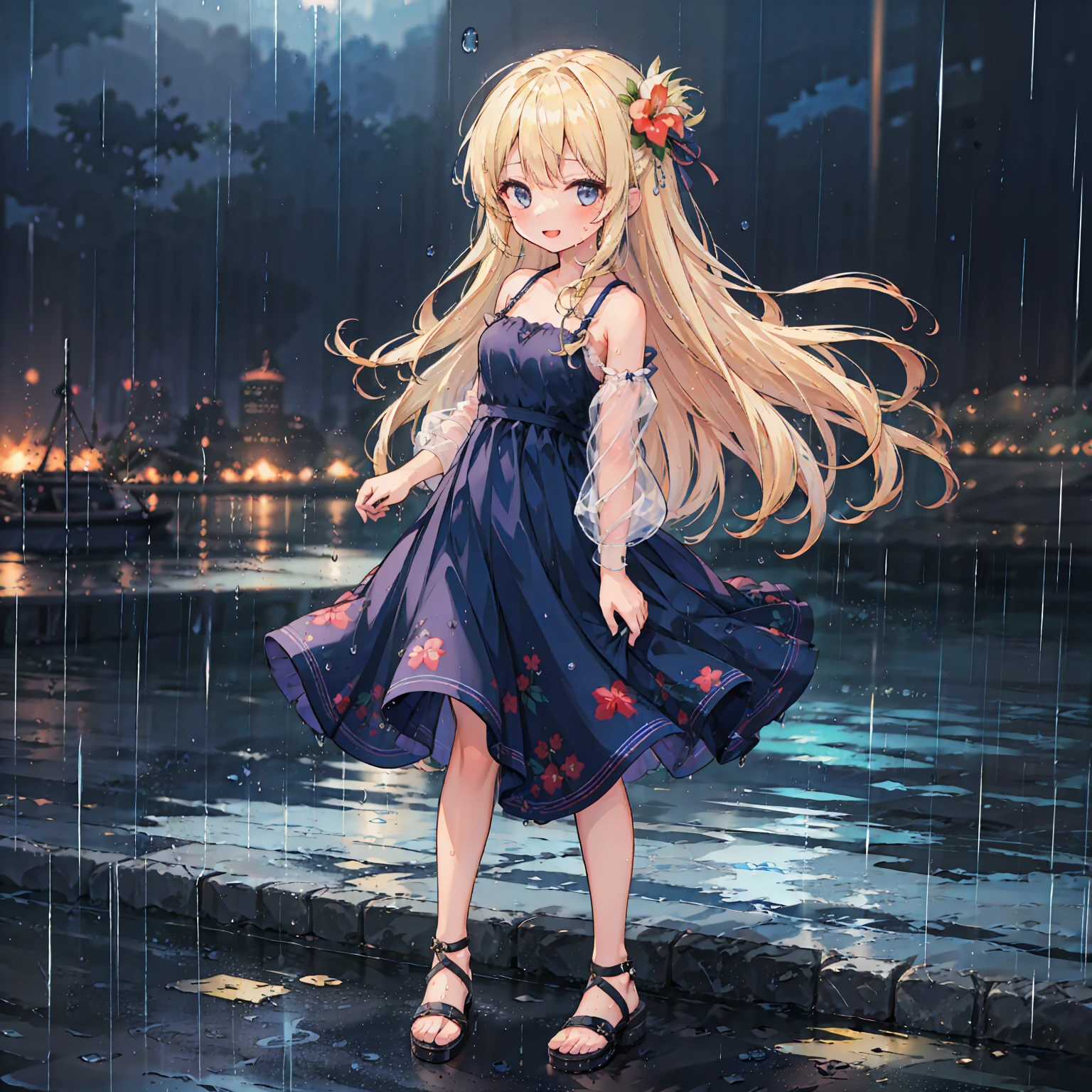 (8k, super high quality, masterpiece), (detailed), One Woman, cute, Small breasts, blonde, Navy Blue Dress, Floral, Hawaiian Dress, Sandals, whole body, rain, Don&#39;t use an umbrella, soaked, Childlike, The best smile, Water Drop, My clothes are wet and shining, Splash