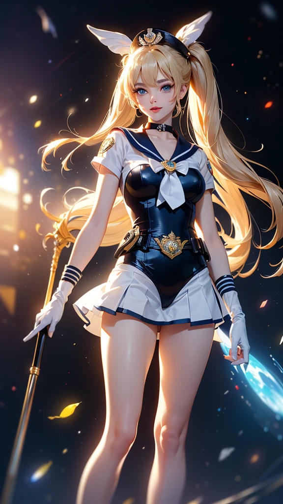 (the best quality,A high resolution,Ultra - Detailed,real),Ariana Grande, 2, (meishaonv,(Sailor police officer:1.4) ,land, (sailor senshi marinheiro: 1.4) , (Sailor police officer: 1.2), Blonde with incredibly long and shiny twin tails, Thin and blonde, very long, straight twin ponytail, good, Red round hair ornament in a good, sailor senshi, colossal breasts, (Silver blue color, Blue sailor collar, Silver blue ultra pre-gate mini skirt: 1.3,The pants are visible,Super high leg swimsuit,  very large red ribbon on the chest,,,: 1.3, long white latex gloves: 1.3, Luvas vermelhas nos elbows., Very large red loop behind the waist,,: 1.1, the neckline looks bigger:1.2, a golden tiara, toys), (face details: 1.5, bright blue eyes, Pretty face, pretty eyes, Iris contour, thin lips: 1.5, fine tune, sharp pale eyebrows, far away, dark lashes, Dual Tabs), Lujosas joy doradas para todo el cuerpo, delgado, Slim and muscular,,,, a small face, perfect proportions, thin waist,  Beautiful skins<Visible Pore, seductive smile, perfect hands: 1.5, High gloss silver white holographic leather, very thin and tight., octane rendering, very dramatic image, Strong natural light, sunlight, exquisite lighting and shadow, dynamic angle, Digital SLR Cameras, sharp focus: 1.0, maximum clarity and sharpness, (Space background,police officer, dynamic background, Detailed history),(rabbit, duplo good, two-tailed, Split bangs, ring, joy, toys, choker, Red loop, white gloves, elbows, blue skirt),nsfw,mother&#39;s curtains,( background alley walls big stones Tokyo:1.4) an14, HortyUnderscoreTI