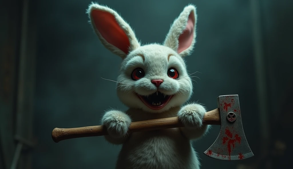 A murderer in a rabbit costume、Holding a bloody axe、Horror、scared、night、