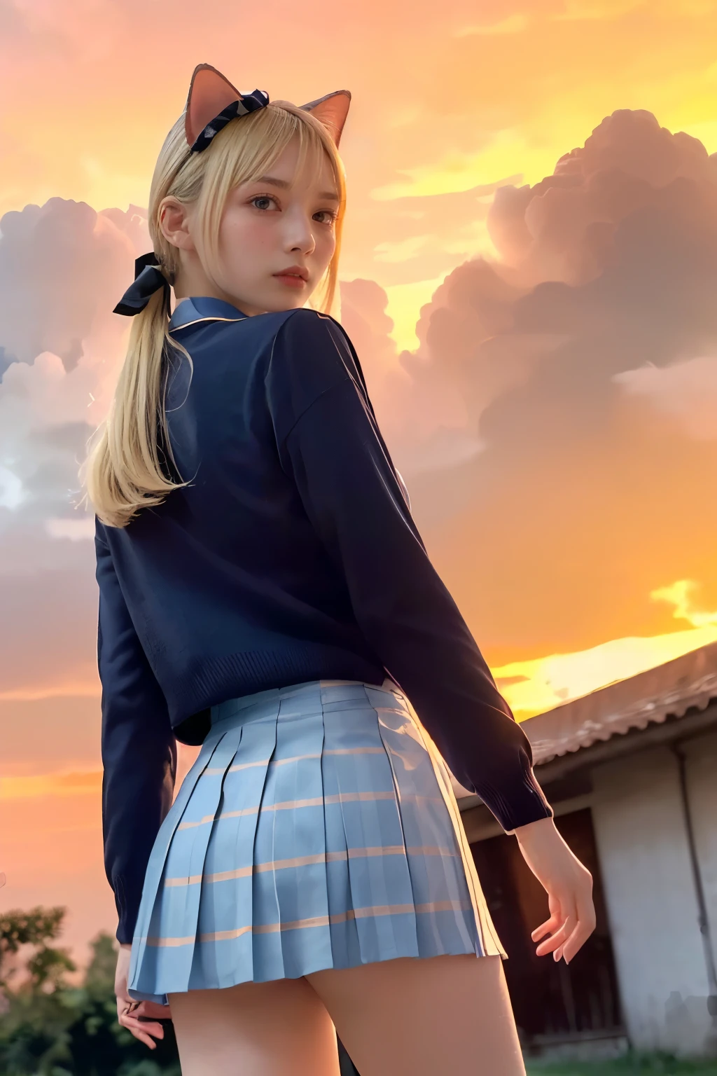 I see a white moon shining in the distant sky、Sailor Moon standing on a reflective surface. Her skirt is blue、The tops are white and blue. Her blonde hair is in two very long ponytails.