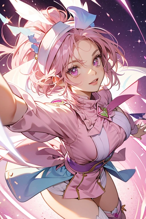 (Masterpiece, Best Quality), highres, Manga, (2d), (Traditional Media:1.2), (official art), 1woman, (solo), dynamic, portrait, illustration, dynamic, (retro artstyle:0.75), a cartoon character on a white background, (bioluminescence:1.2), floating, (mid shot, full body), upper body, ((ff gradient)), gradient, limited_palette, character concept, beautiful, stylish, art by ro_g_(oowack), (mature female:1.2), bead necklace, [outline], Spanish carmine hair, Orchid pink eyes, (detailed deep eyes:1.2), soft makeup, serious, (tsurime), (lips, nose, long face:1.2), (aged up:1.2), milf, large breasts,  focus face, seductive, elegant, (curvy), [tall female], light smile, pose, quiff,  (sidelocks:1.3), fringe trim, standing, expressive, Ayami Kojima, shirt, underbust, juliet sleeves, high-waist pants, hagoromo, sheer sleeves, belt, (intricate details:1.2), (halftone:1.2), [embroidery], trim, lineart, layered clothes, shiny, glowing, water, light particles, starry sky print, jewel encrusted hair ornament, extremely detailed, bubbles, translucent, simple background