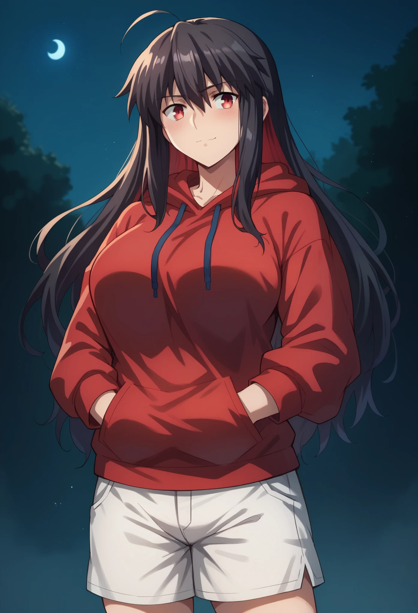 Score_9, Score_8_up, Score_7_up, ASCII masterpiece, source_anime, BREAK, 1girl, solo, artoriapendragon, artoriapendragon, artoria pendragon \(destiny\), know, black hair, red hair, multi-colored hair, long hair, bangs, loose hair, red eyes, bangs, hair between the eyes, ahoge, red hoodie, hoodie oversized, white shorts, leggings, curvy, big breasts, smile, hand in pocket, standing, looking to side, embarrassed, very blushing, looking at viewer,
outside, night, vendor stalls,