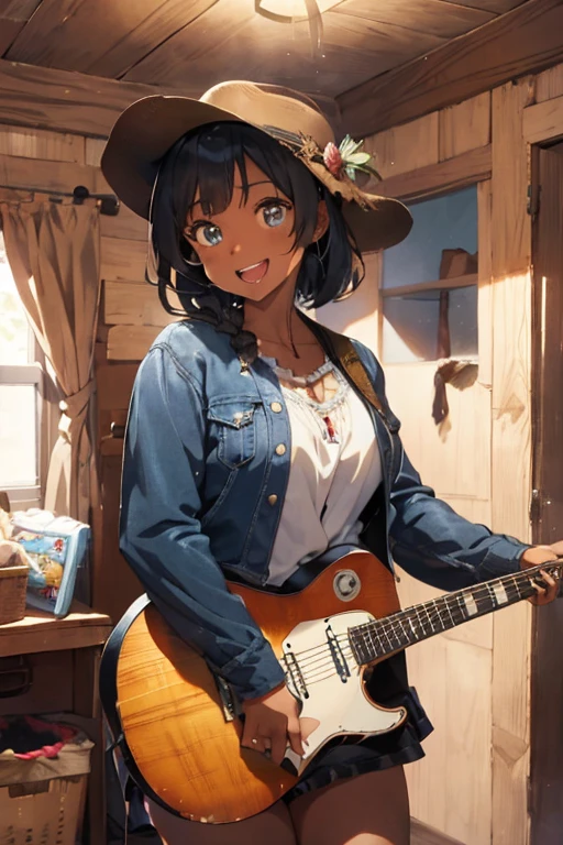 1 female, afro hair, black afro hair black girl afro hair, darker skin, brown skin, huge breast, thick legs, light blue eyes, cowgirl clothes, short short, cowgirl bra, brown jacket, black boots, farm house, happy face, teeth, guitar, playing guitar, bedroom