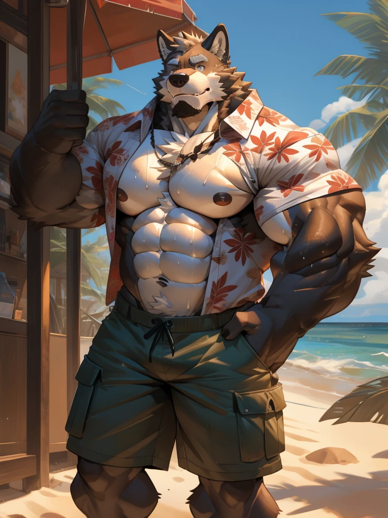 Big Grizzly Bear Bara furry anthropomorphic muscular in black shorts and shirtless. Working out at the beach