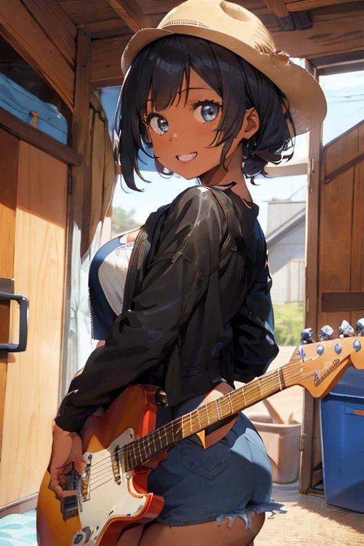 1 female, afro hair, black afro hair black girl afro hair, darker skin, brown skin, huge breast, thick legs, light blue eyes, cowgirl clothes, short short, cowgirl bra, brown jacket, black boots, farm house, happy face, teeth, guitar, playing guitar, bedroom, grabbing own ass, ass, thick ass