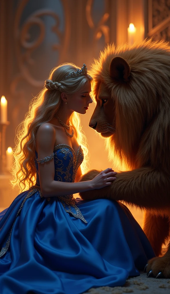 A captivating photograph that captures the essence of a woman and the Disney Beast dancing together in a timeless embrace, reminiscent of Disney's enchanting days in the 90s. The woman is dressed in an elegant ball gown, exuding grace and beauty, while the Beast, a muscular, hairy monster is depicted in his majestic, transformed state, exuding a mixture of strength and brutality. The photograph is taken in a large ballroom with sparkling chandeliers overhead, creating a magical atmosphere. The lighting is soft, accentuating their movements and highlighting their joyful, romantic expressions. The photo captures the classic Disney aesthetic with vibrant colours and a touch of nostalgia, bringing the beloved characters and their iconic dance to life in a high-quality, visually stunning way. The shot was taken using a professional DSLR camera and prime lens (50mm or 85mm) to capture the intricate detail and depth of field, emphasising the bond between the two characters.