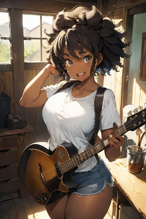 1 female, afro hair, black afro hair black girl afro hair, darker skin, brown skin, huge breast, thick legs, light blue eyes, cowgirl clothes, short short, cowgirl bra, brown jacket, black boots, farm house, happy face, teeth, guitar, playing guitar, bedroom, grabbing own ass, ass, thick ass