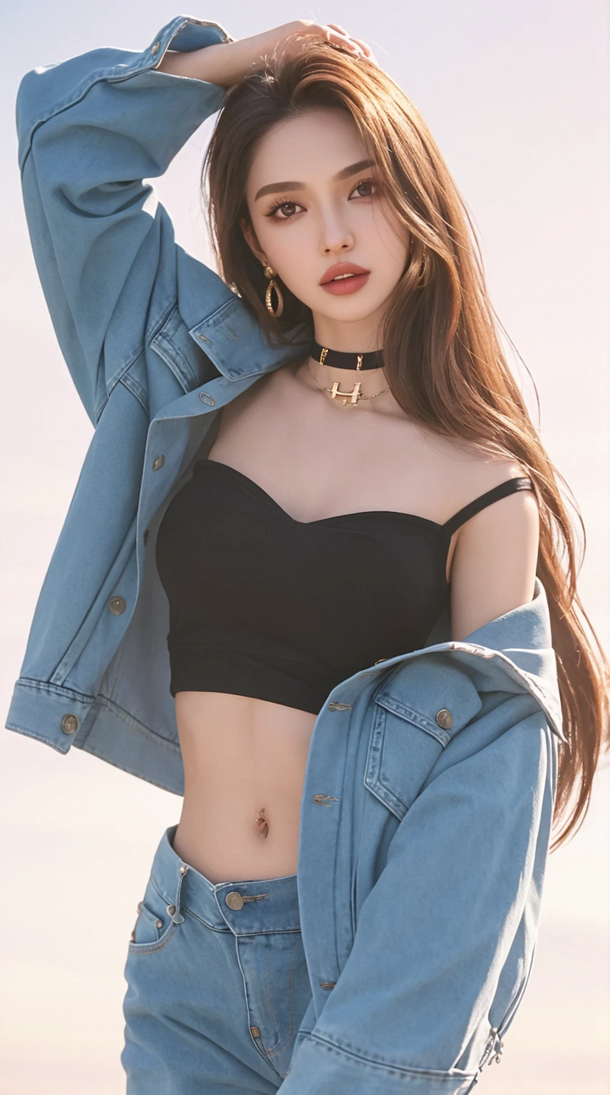 close-up of beautiful South Korean, An Yujin is a IVE South Korean pop girl group, age 20 years old girl, youthful face, perfect body, white body skin, very long hair, black hair, straight hair, 36 inches breasts size, wearing a plain hot pink strapless tube top, wearing a tight plain dark blue denim shorts, Yujin holding breasts with her own two hands is very sexy and sigh, Yujin squeezes the breasts very seductively, Yujin lowered her strapless tube top a little bit, Yujin does dance moves very sighing and seductive, the dance that Yujin does is very sexy and seductive, sexy looking pose, pose a naughty look, pose looks seductive, at the concert stage area, concert stage area background, UHD