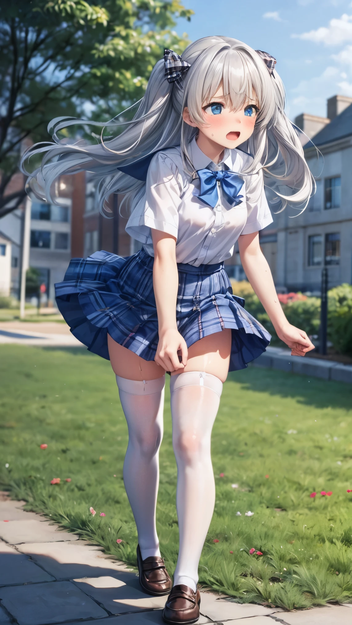 best quality,4k,8k,1girl,small breasts,((orgasm,blush,sweat)),celia claire,white capelet,((school uniform,white shirt,short sleeves,blue skirt, plaid skirt, mini skirt, wind, wind lift, white thighhighs:1.3)),wind,wind lift,white panties,lace panties,pussy juice,loafers,garden,walking