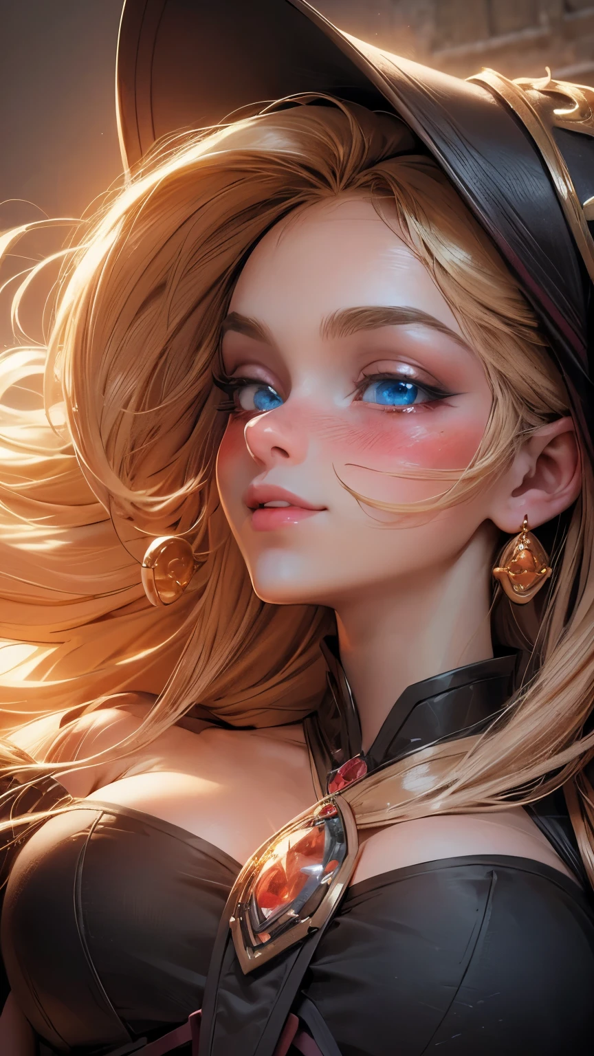 Beautiful face of the dark wizard gils. Blue eyes. brio in the eyes. Large and thick false eyelashes, pink lips. blush on the cheeks, profile pose. Looking at one end. Gold earrings. gold necklace. thin neck. Long golden hair. low-cut neckline. big breasts. innocent smile.