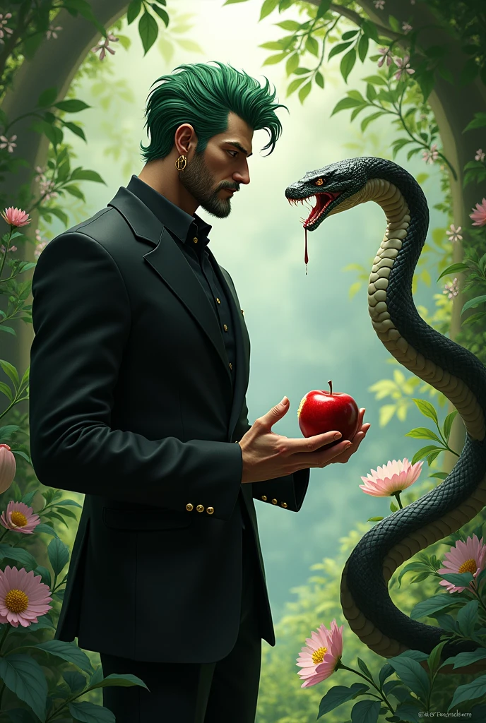 Adam as a servant of destiny/grand order of the berserker class being a 30 year old man. Wearing a black suit and gold earrings. with green hair. Talking to a snake in a garden while holding a bitten apple.