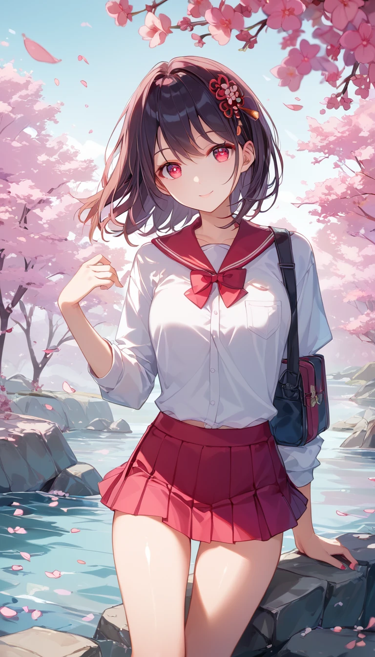 Score_9、Score_8_superior、Score_7_superior、sauce_anime、High-resolution images、Best Quality、girl、Cute Face、Beautiful Skin、Shiny Hair、Highly detailed eyes、Simple Background、Jozipan、mini skirt、、river,cherry blossoms