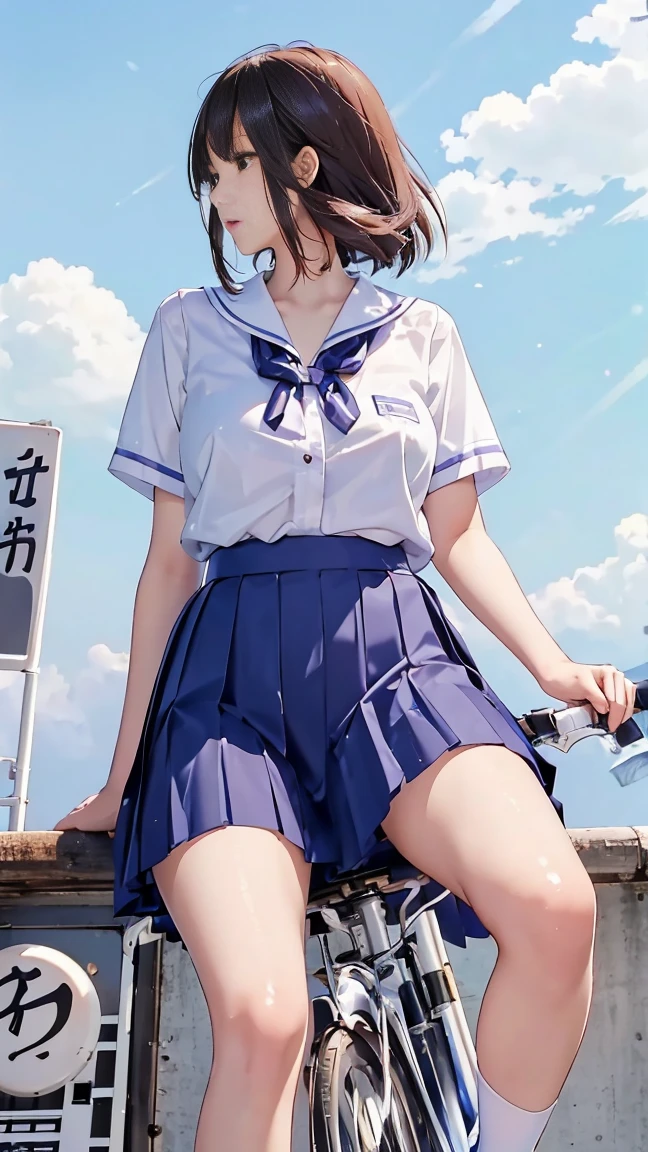 (Japanese high school girl sitting on a bicycle seat and waiting for the traffic light), short-sleeved white shirt, hands on handlebars, bra visible from cuffs of short sleeves, checkered mini pleated skirt, dark brown bob hair, medium length hair, straight hair, smiling, stretching legs on the curb, beautiful slender long legs, well-proportioned physique, wearing loafers, skirt flipped up by breeze, ((You can see her cotton panties.)), back view at intersection, (((angle from below))), beautiful blue sky and white clouds, (best quality, masterpiece, high resolution), 8k, wallpaper, (short skirt flipped up to reveal panties), big breasts