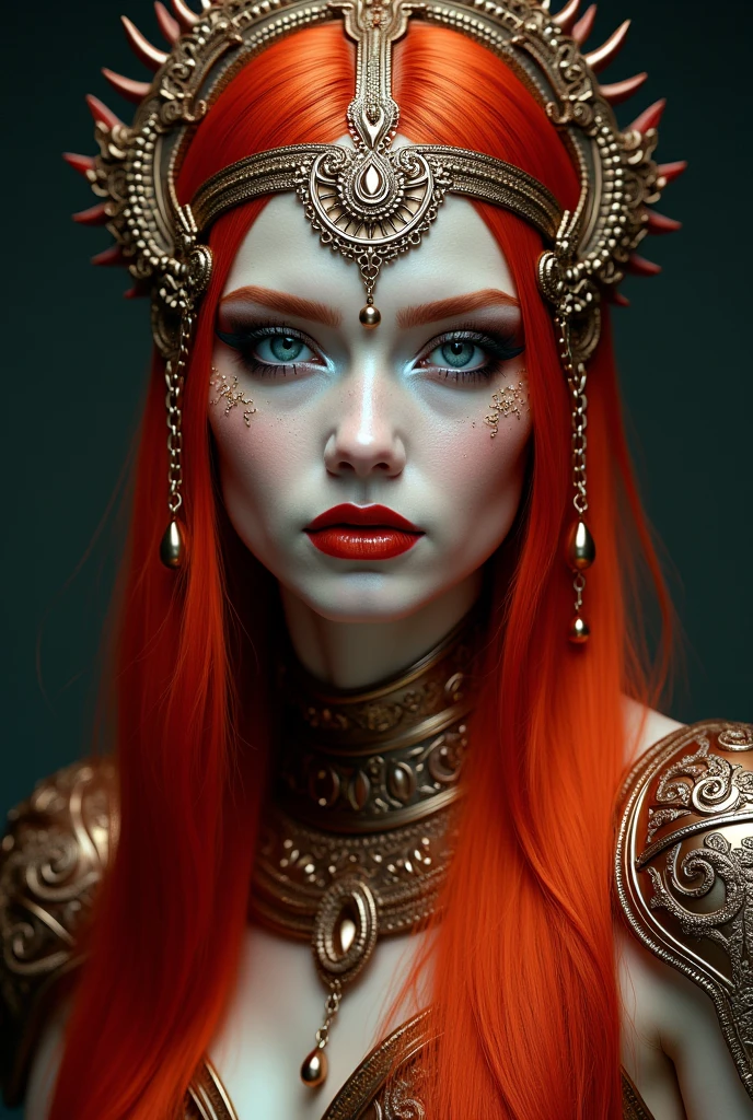 A captivating and intricately detailed image of a Viking girl, adorned with the spirit of warrior courage. Her fiery red hair cascades down her back, framing her steampunk-inspired emerald outfit, exuding an aura of mystery and power. Her face is marked with distinctive tattoos, each black line telling a unique story. Her piercing, intense gaze is accentuated by a bold, singular black line on each eye. The frontal view of her face ((best quality)) is a masterpiece, revealing her fierce determination and indomitable spirit, as if straight out of a mythological saga. This exquisitely rendered, highly detailed digital artwork in 8