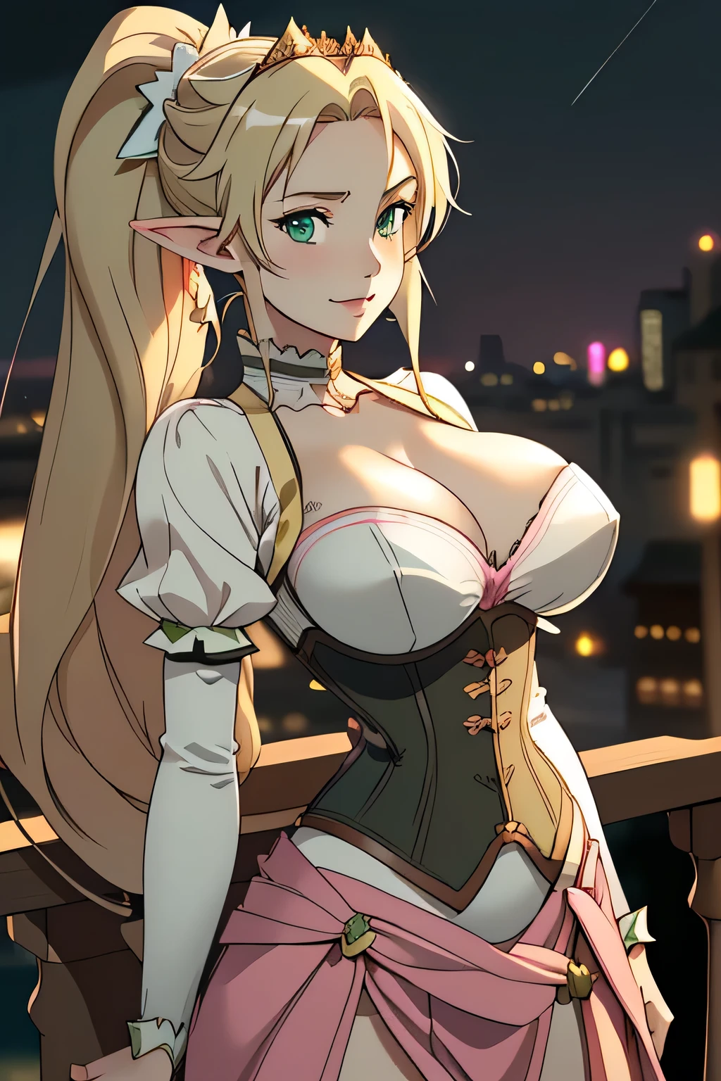 close up 1girl in, photo of leafa, Kirigaya Suguha, Solo, (straight blonde hair, ponytail, very long blonde hair, vivid green eyes), (perfect clear skin, pale skin, detailed skin, massive breasts, round breasts, Cleavage, perfect body), (thin hips, thin waist: 1.25), neutral face, cute smile, elf ears, (arched back, (wearing wearing pink corset, pink skirt, tiara), (city balcony, midnight city, stary sky), (realistic photo, best quality, detailed), (8k wallpaper), (cinematic lighting, beautiful light, (day:1.3)) (sharp focus, intricate), (dslr, realistic, looking at viewer, sharp focus, delicate, soft colors, cinematic)