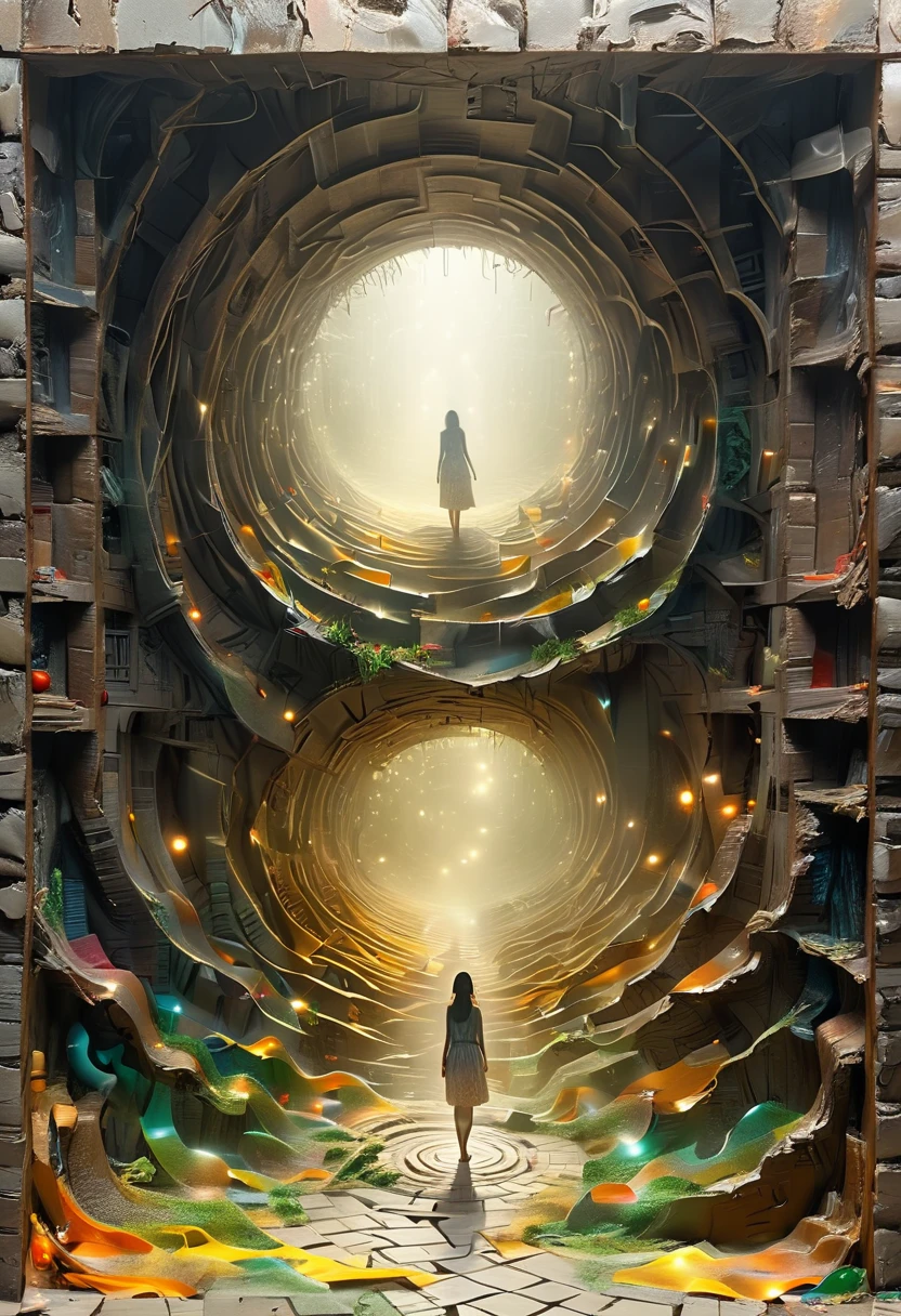 view of a labyrinth, peripheral vision of the labyrinth, very high and complicated maze to get out of, abandoned maze, woman entering the maze, woman in rags and barefoot, super detailed, super realistic, super quality, CRIE.