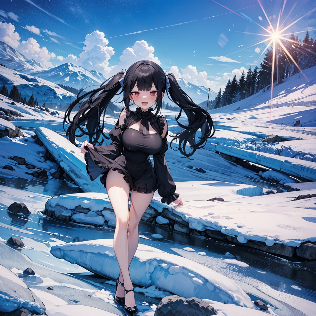 ice field, diamond dust, (solo), (1 skinny girl standing alone), swaying back, BREAK, black hair, (long two side up), red eyes, (bursting large breasts), bouncing large breasts, very short torso, skinny narrow waist, skinny legs, BREAK, (frilled very short black mini dress with frilled long sleeve:1.3), Gothic Lolita, high neck, closing chest, bared legs, thigh gap, stiletto heels, BREAK, (smile for viewer), nose blush, open mouth, orgasm, coverd erectile nipples