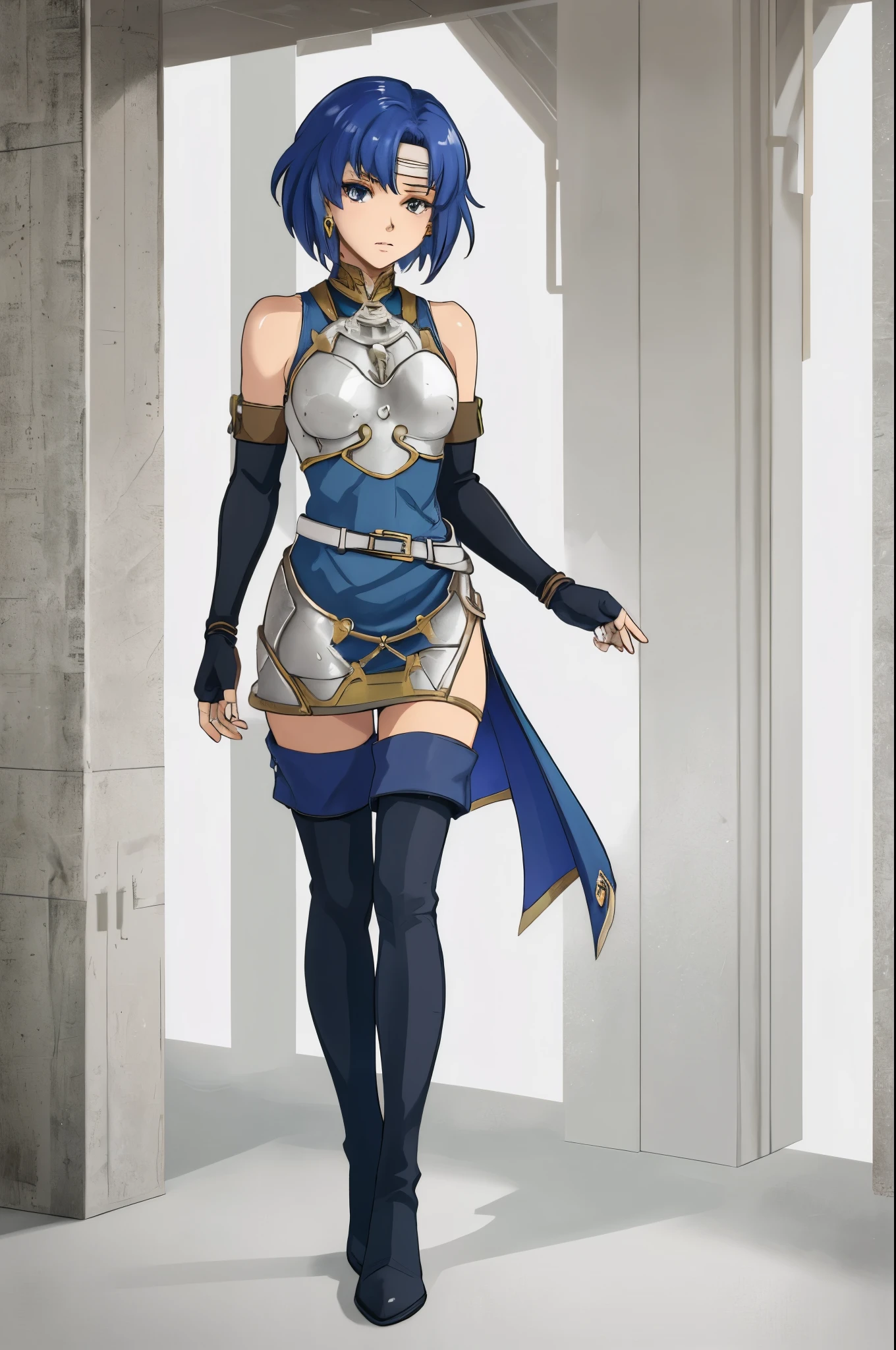 catria_echoes, 1girl, solo, thighhighs, gloves, dress, bare shoulders, jewelry, full body, earrings, boots, elbow gloves, belt, fingerless gloves, armor, zettai ryouiki, headband, thigh boots, short dress, breastplate