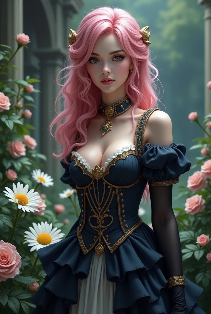 This is realistic fantasy artwork set in the castle's enchanted rose garden. Generate a proud woman with a highly detailed face dressed in the billowing folds of a stunning French silk ballgown. The woman's sweet face is ((((highly detailed, with realistic features and soft, puffy lips.))))  The ballgown is embellished with ruffles, sashes, and bows and a delicately, but intricately, hand-embroidered bodice. The corset features silk ribbon. The woman's stunning eyes are beautifully blue hair pink detailed, featuring realistic shading and multiple colors and high resolution. The woman is in a garden of eternal roses, each one beautifully formed and highly detailed. These realistic roses feature shimmering shades of pink, yellow, orange, and glimmering red. The eternal rose is a deep shade of red with shimmering pink overtones and undertones. Ensure that the woman's face, hair, and eyes are perfect. realism, high fantasy, whimsical fantasy, storybook fantasy, fairytale fantasy, fantasy details, enchanting, bewitching, 8k, hires, cgi, digital painting, unity, unreal engine, (((masterpiece))), intricate, elegant, highly detailed, majestic, digital photography, art by artgerm and ruan jia and greg rutkowski, (masterpiece, finely detailed beautiful eyes: 1.2), hdr, realistic skin texture, (((1woman))), (((solo))), Include a highly detailed face, extremely detailed face, and interesting background.