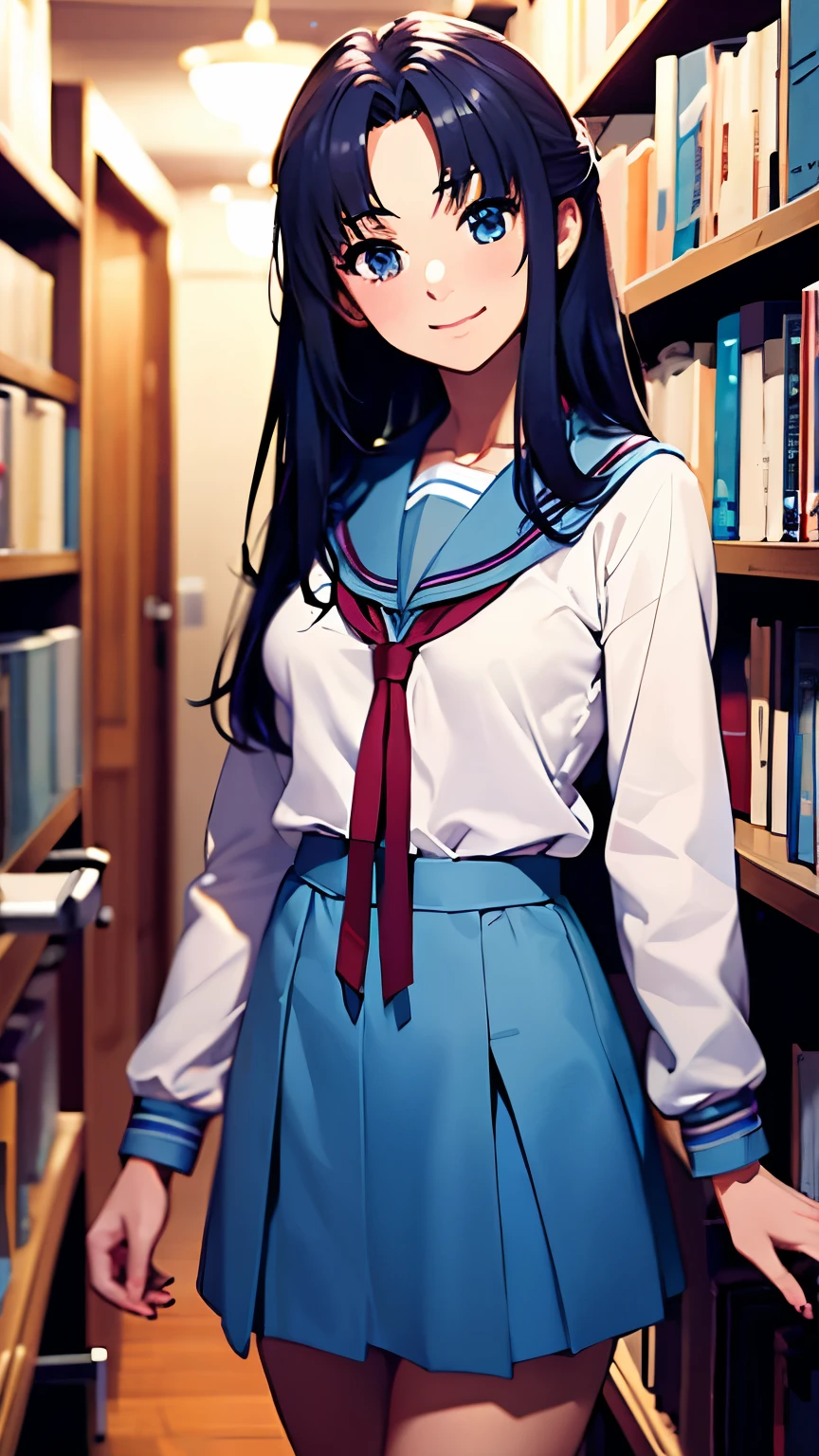 { masterpiece : best quality : high resolution : unity 8k wallpaper : illustration : beautiful detailed eyes : extremely detailed face : perfect lighting : extremely detailed CG : perfect hands : perfect anatomy } { in_a_dark_library : huge_room }  { 1girl : Ryouko_Asakura_possessed_by_Creepy_guy : blue_long_hair : Perfectly_small_shaped_breast : Perfectly_fit_body :  : perverted_smile : teeth : teasing_wink : light_blue_school_uniform } { standing : arm_behind_head  : sexy_pose : looking_at_viewer }