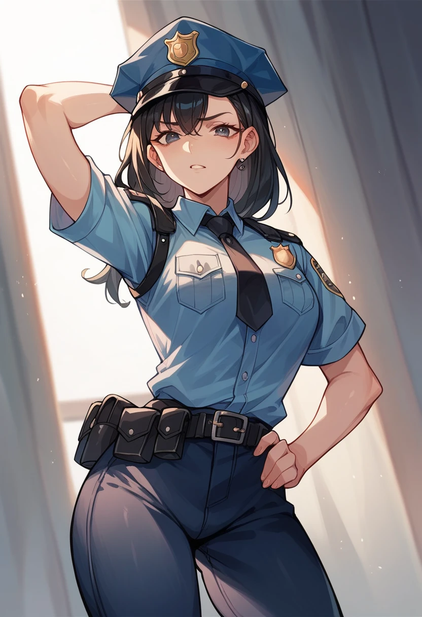  1 person, Naked Police, Adult, resident evil style, sexy police officer in uniform,belt,watch,slim, evening, Soft Light, Facial details, Drunk, Long black hair, Beautiful Skin, fringe, Pale pink lips, with a gun in hand, blush, Big black eyes, Looking at the audience,((Cowboy Shot))