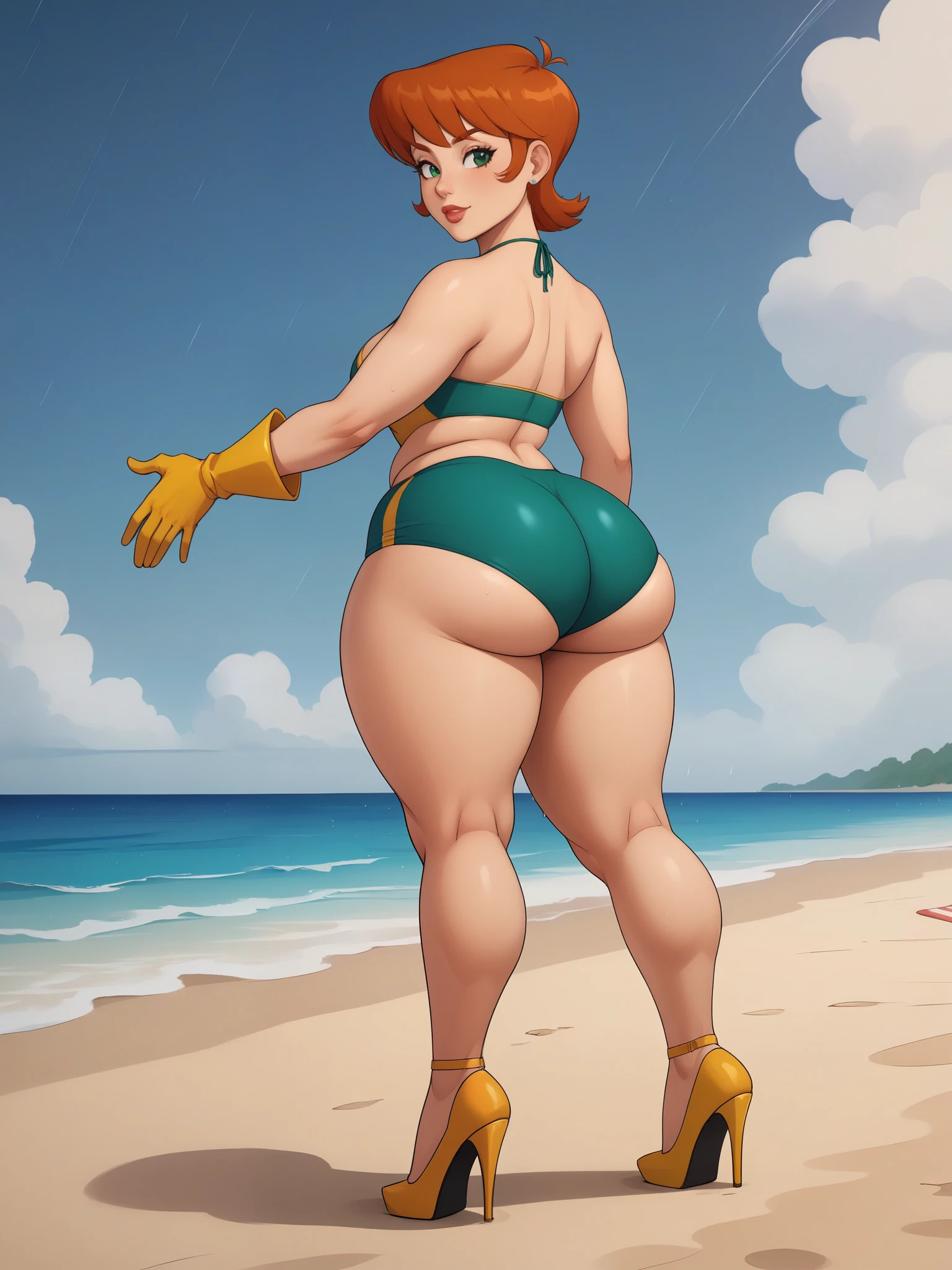 Dexter's mom. short hairstyle. ginger. green eyes. small saggy breasts. huge hips. bbw. big ass. yellow gloves. swimsuit. shorts. heels. beach. rain