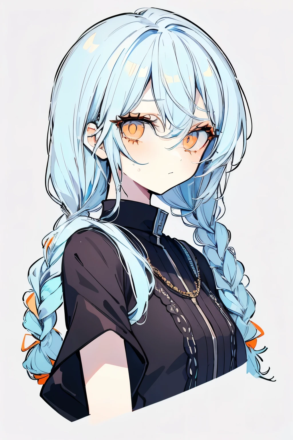 High resolution, Best Quality, masterpiece, Ultra-precision,Character Portrait,One girl, solo,adult,Look at, Beautiful Face,((Light blue hair)),Inner color hair,Braids,((Orange eyes)),Fine slanted eyes,Long eyelashes,Cool look, Black clothing,Slender figure,Simple Background,Concept Art, 