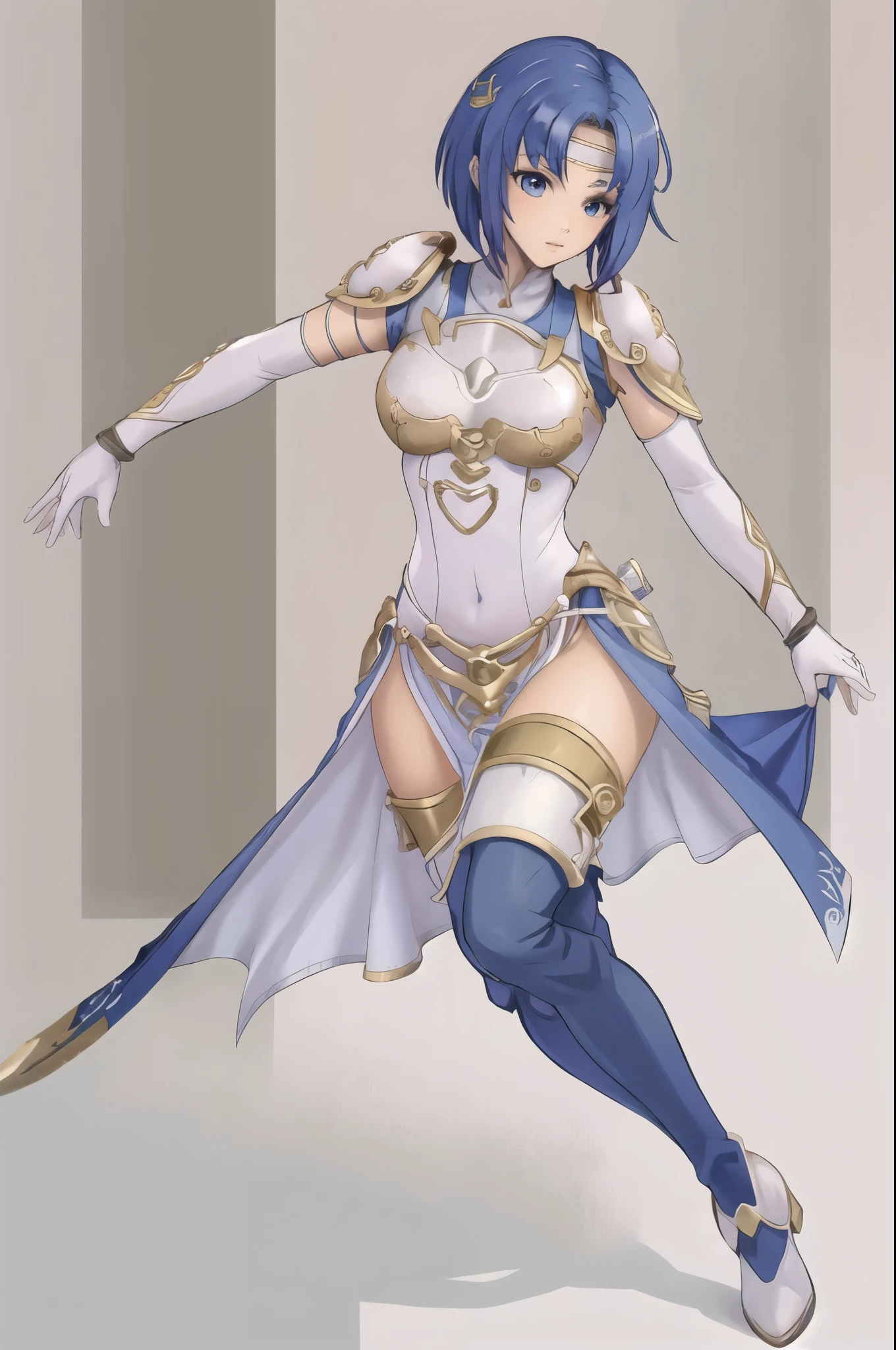 catria_valentian, 1girl, solo, arm guards, armor, boots, breastplate, dress, elbow gloves, headband, pelvic curtain, shoulder armor, thigh boots, white thighhighs, vambraces