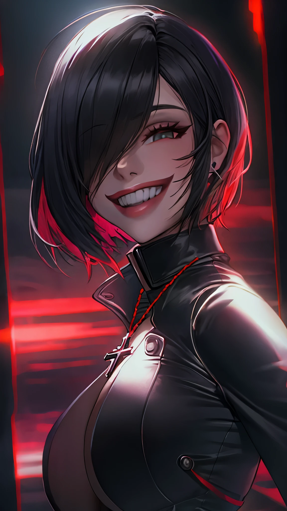 （（super high quality,））（（Ultra-high resolution,））（16k,）（super masterpiece,）（（Ultra HD ,））（Detailed shading,）Upper body close-up,One sexy woman,Straight black short hair,Sweep your bangs to the side,open and popped Tight high collar Red shirts,Cleavage,Folded long sleeves,Black long gloves,Cross Necklace,Black pants,Black long boots,Provocative smile,Background overlooking the night view,