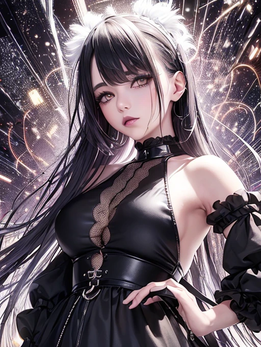 1girl in, reba, 独奏, 耳Nipple Ring, jewely, long_hair, upper_body,女の子1人、Holographic、a playboy bunny、The upper part of the body、looking at viewert、simple background、