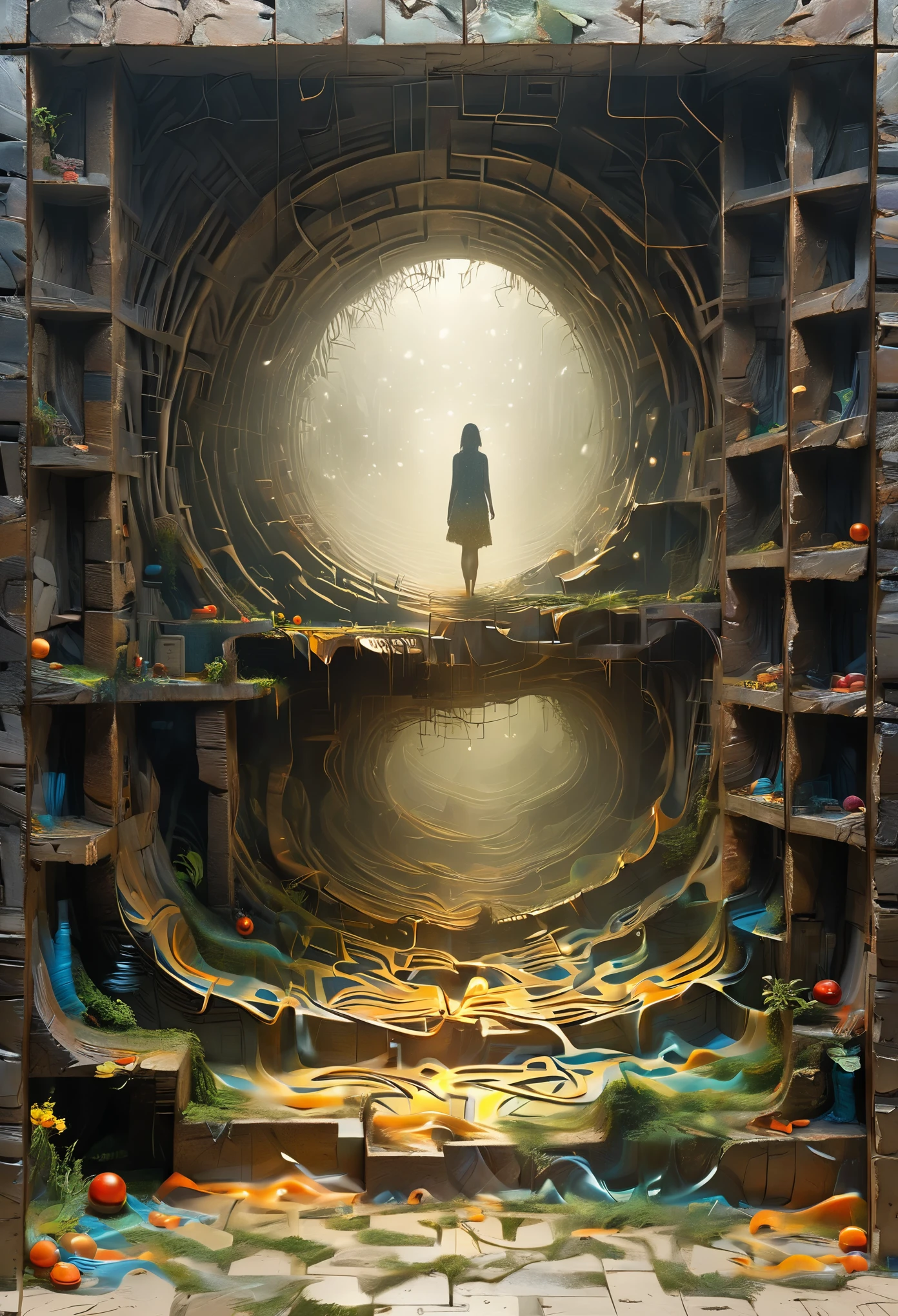 view of a labyrinth, peripheral vision of the labyrinth, very high and complicated maze to get out of, abandoned maze, woman entering the maze, woman in rags and barefoot, super detailed, super realistic, super quality, CRIE.