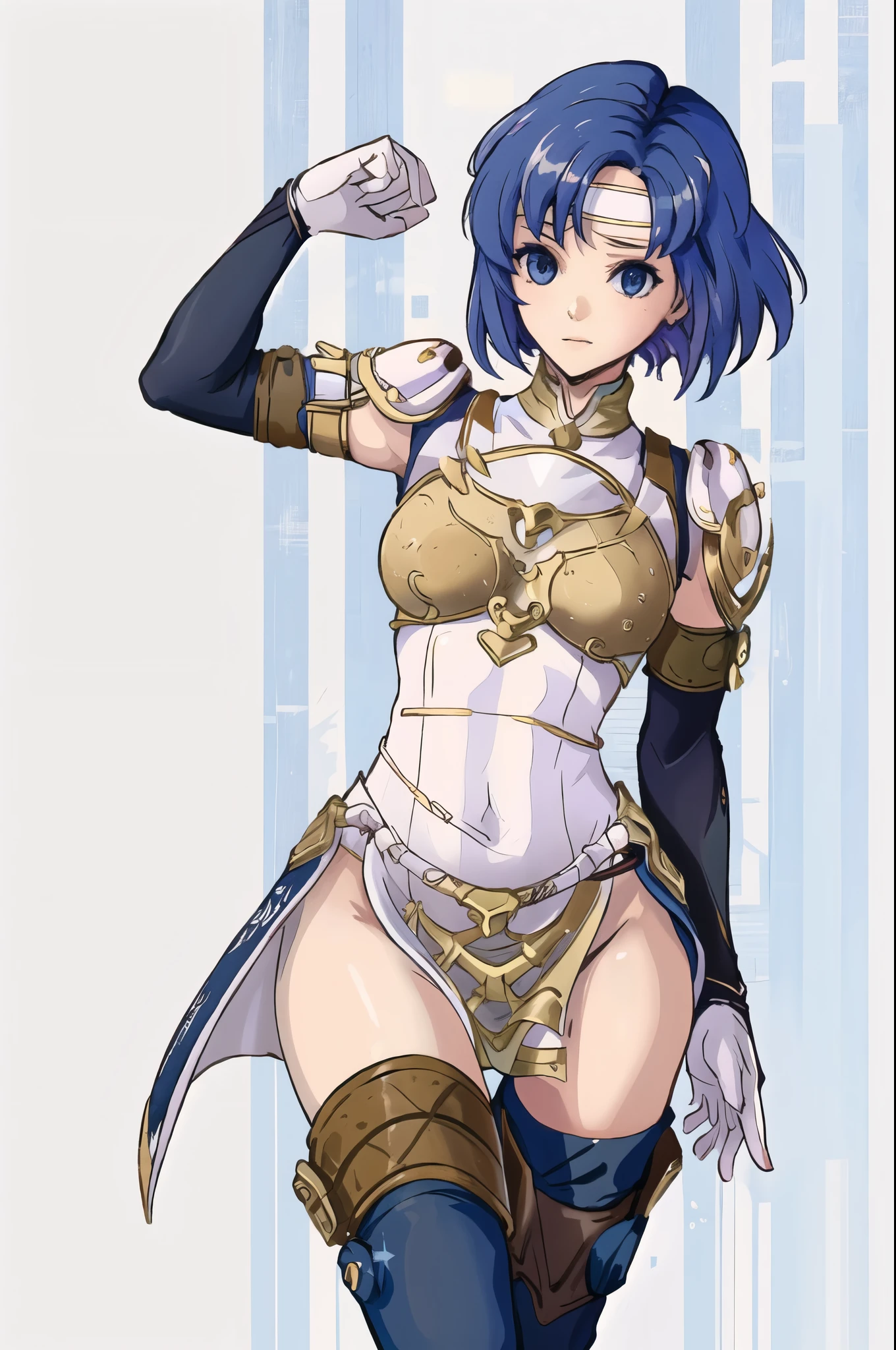 catria_valentian, 1girl, solo, arm guards, armor, boots, breastplate, cowboy shot, dress, elbow gloves, headband, pelvic curtain, shoulder armor, standing, white thighhighs, vambraces, upper body