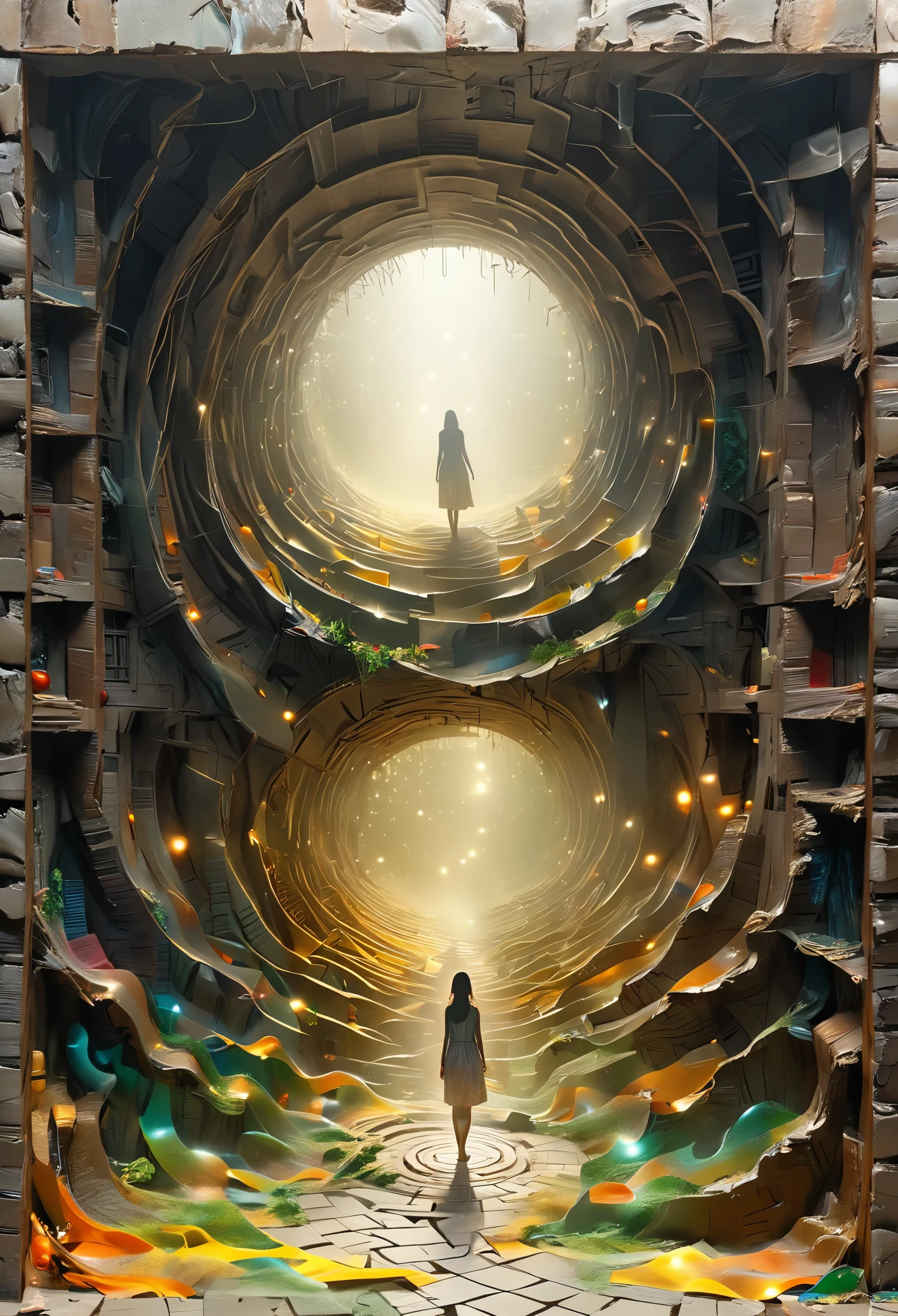 view of a labyrinth, peripheral vision of the labyrinth, very high and complicated maze to get out of, abandoned maze, woman entering the maze, woman in rags and barefoot, super detailed, super realistic, super quality, CRIE.