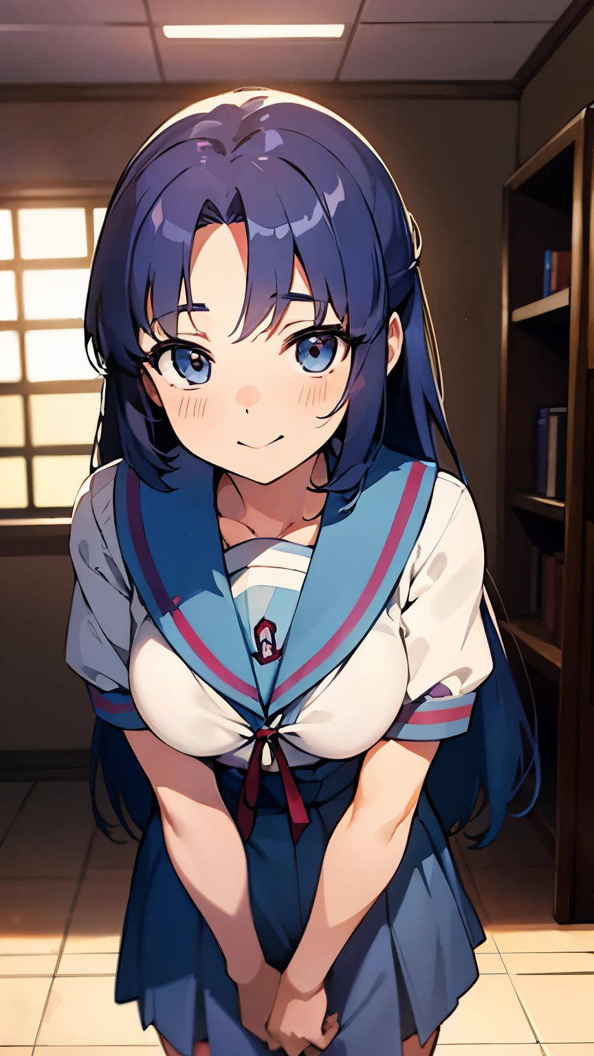 { masterpiece : best quality : high resolution : unity 8k wallpaper : illustration : beautiful detailed eyes : extremely detailed face : perfect lighting : extremely detailed CG : perfect hands : perfect anatomy } { in_a_dark_library : huge_room }  { 1girl : Ryouko_Asakura_possessed_by_Creepy_guy : blue_long_hair : Perfectly_small_shaped_breast : Perfectly_fit_body :  : perverted_smile : teeth : teasing_wink : light_blue_school_uniform } { standing : arm_behind_head  : sexy_pose : looking_at_viewer }