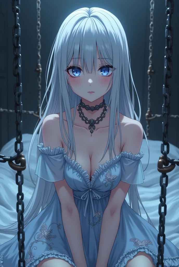 a dark women with pale skin, piercing eyes, a haunting expression, poercing, lie on bed, highly detailed, dramatic lighting, cinematic composition, moody and atmospheric, dark fantasy, muted color palette, chiaroscuro, vivid blue