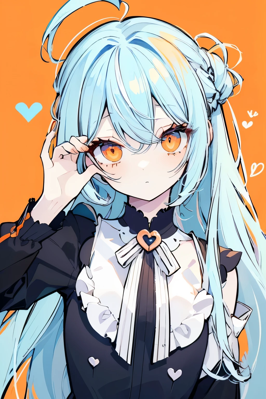 High resolution, Best Quality, masterpiece, Ultra-precision,Character Portrait,One girl, solo,adult,Look at, Beautiful Face,((Light blue hair)),Straight bangs,((Orange eyes)),Fine slanted eyes,Long eyelashes,Cool look, Black clothing,Slender figure,Simple Background,Concept Art, Heart-shaped ahoge, Donut-shaped chignon,