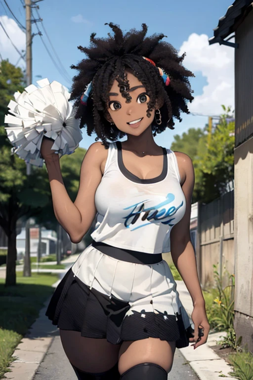 1 female, afro hair, black afro hair black girl afro hair, darker skin, brown skin, light blue eyes, huge breast, thick legs, cheerleader clothes, skirt, tank top, boots, happy face