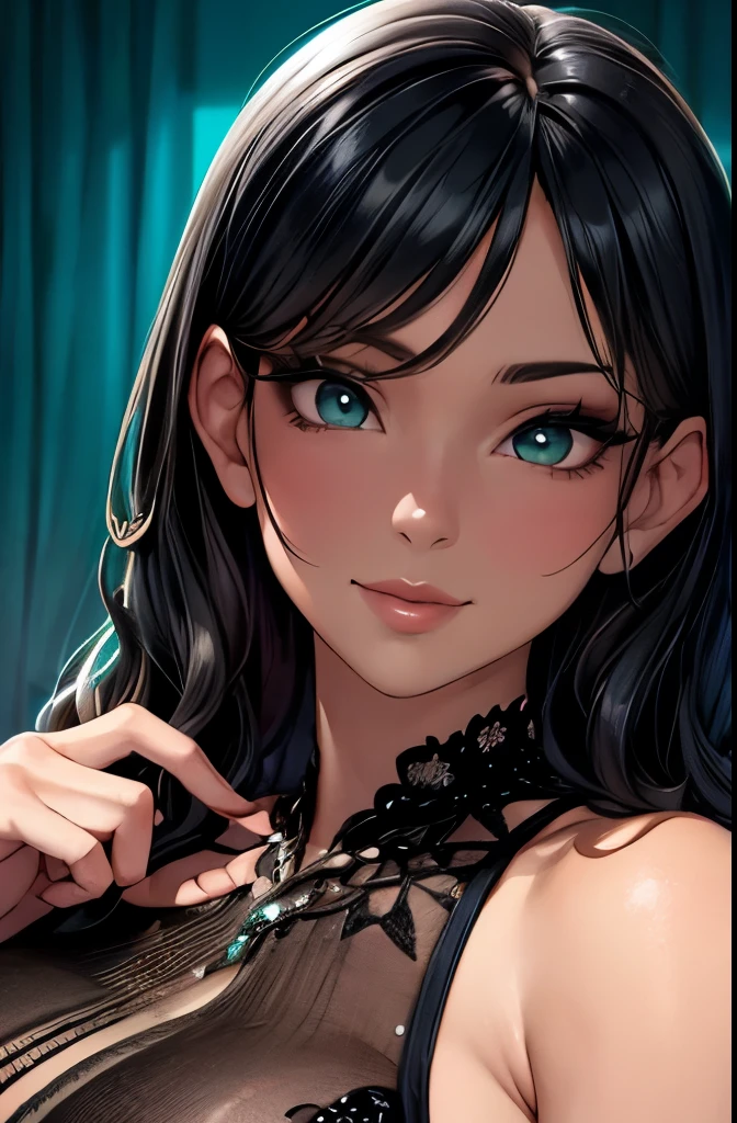 Realistic, a glamour shot of a shy Asian waifu with a wide smile (extremely long wavy black hair), hand on her chin, hard nipples, big ass, leaning toward the viewer, cowgirl pose, with Smokey eyeshadow and knowing smile, heavy eyeshadow and mascara, wearing an evening dress, underboob, side boob, insanely detailed face and green eyes, intricate, hyper-detailed bedroom, a romantic evening, digital illustration, masterpiece, beautiful eyes, atmospheric lighting, centered, perfect anatomy, glowing eyes, candid portrait, clear, very detailed, smooth, sharp focus, focused on the viewer