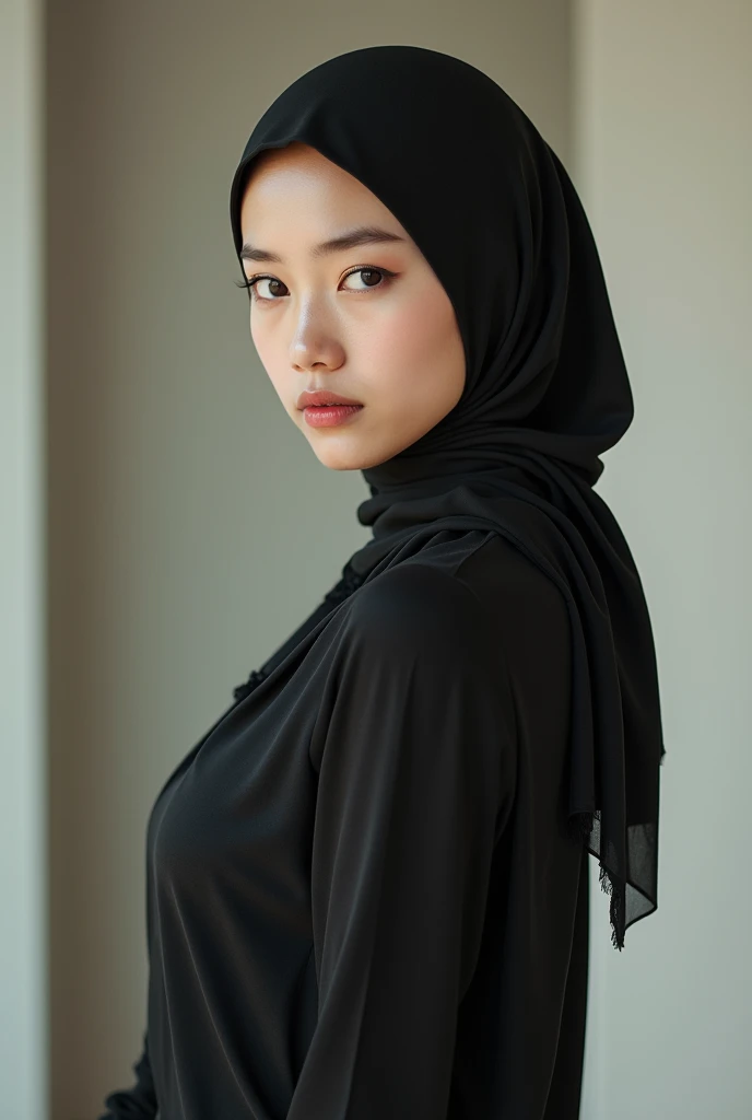 ((Masterpiece, best quality, photography, detailed skin, realistic, photo-realistic, 8k, highly detailed, full length frame, High detail RAW color art, diffused soft lighting, shallow depth of field, sharp focus, hyperrealism, cinematic lighting, hijab, a woman in a beautifully makeup, smokey eyeshadow, beautiful big eyes, long eye lashes, wearing (black hijab), loosely tide hijab style, ((black shirt)),