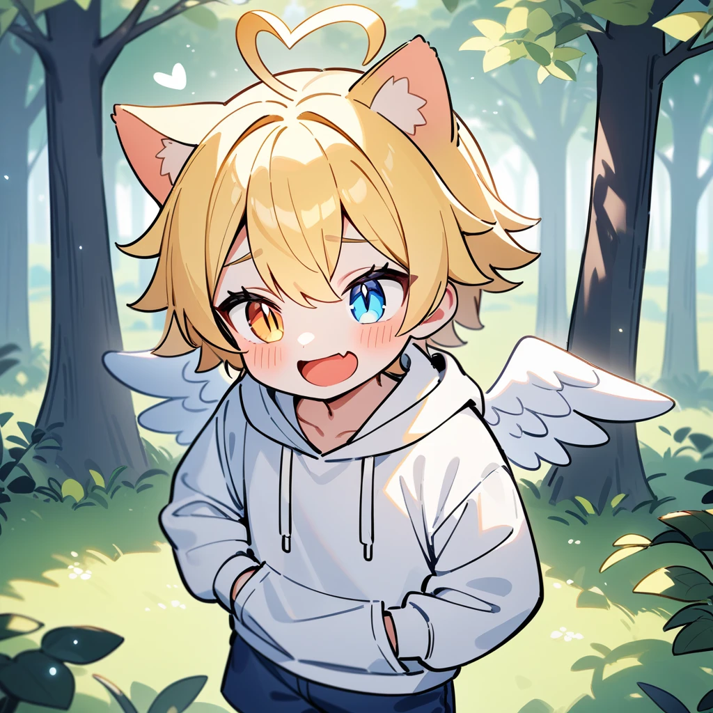 （masterpiece：1.2，high quality），8k，High resolution，A seven-year-old boy，cute boy，blonde hair，short hair， Heterochromia，slit pupils，heart ahoge，cat ears，halo on the head，（halo），laughing，skin fang，There are white angel wings behind，Wearing a white hoodie，Dark blue shorts，Stand in the forest，There are flowering trees on both sides.，primary school student，thigh，alone，((Put your hands in your pockets))