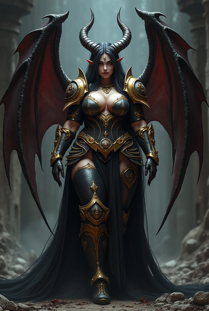 Highly detailed, High Quality, Masterpiece, beautiful, solo, GodKing, glowing eyes, <lora:Aatrox:1>, full body, sexy, female, apocalypse, conqueror, cleavage, dominatrix, domination, dangreously-erotic, dark_skin