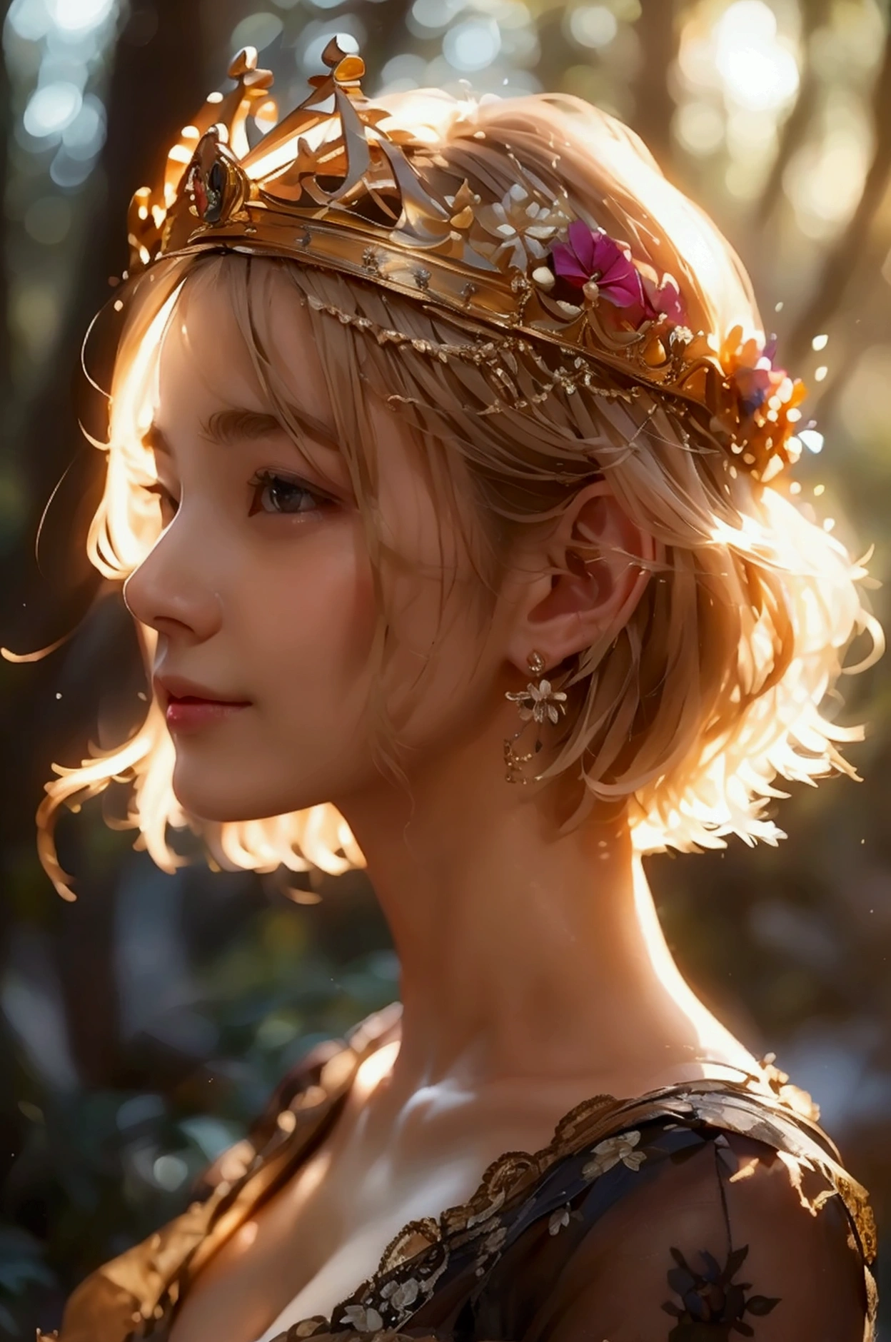 Very detailed, masterpiece, Cinematic Lighting Digital Photography, art,Surreal Paintings,girl, blonde,Short Hair,Happy smile,sexy,suit,(masterpiece, Side light, complicated, elegant, Very detailed,river,elegant,Crown,Luxurious,Flower Hair Ornaments,Mysterious Forest,beautiful, Detailed eyes: 1.2), High resolution,High nose,写真のための美しくsexyなポーズ,Black bra,Big cleavage,Shiny skin,Wearing a printed lace dress