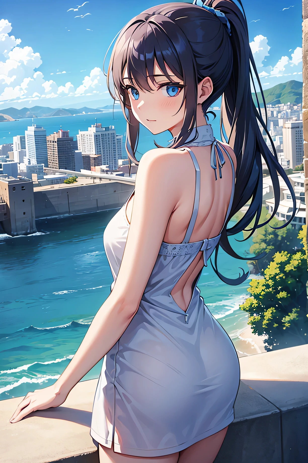 masterpiece、ultra-quality、ultra-detailliert、Perfect drawing、Solo、girl with、((Cute swimsuit))、Competitive swimsuit((High leg cut:1.5))、(round and big buttocks)、((Pose with buttocks sticking out))、(((bulging bust top)))、red blush:(0.2)、perspiring、darkskin:1.5)、(Cute smile)、18year old、blue-sky、cumulonimbus clouds、glowing sun、Swimming pool、(Shot from diagonally below the back)、beatiful backgrounds、Accurate drawing、Detailed drawing